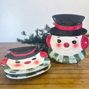 Set of 3 Holiday Time Ceramic Snowman Plates Christmas Celebration Party Dishes